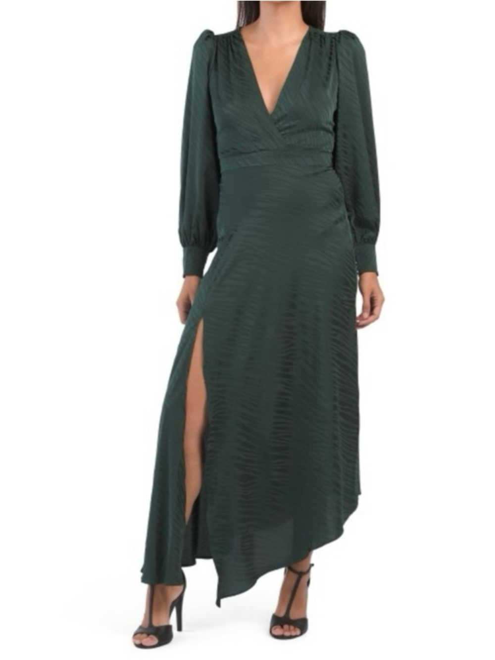 Ronny Kobo Estelle Long Sleeve V Neck Asymmetrical Midi Dress Medium Green